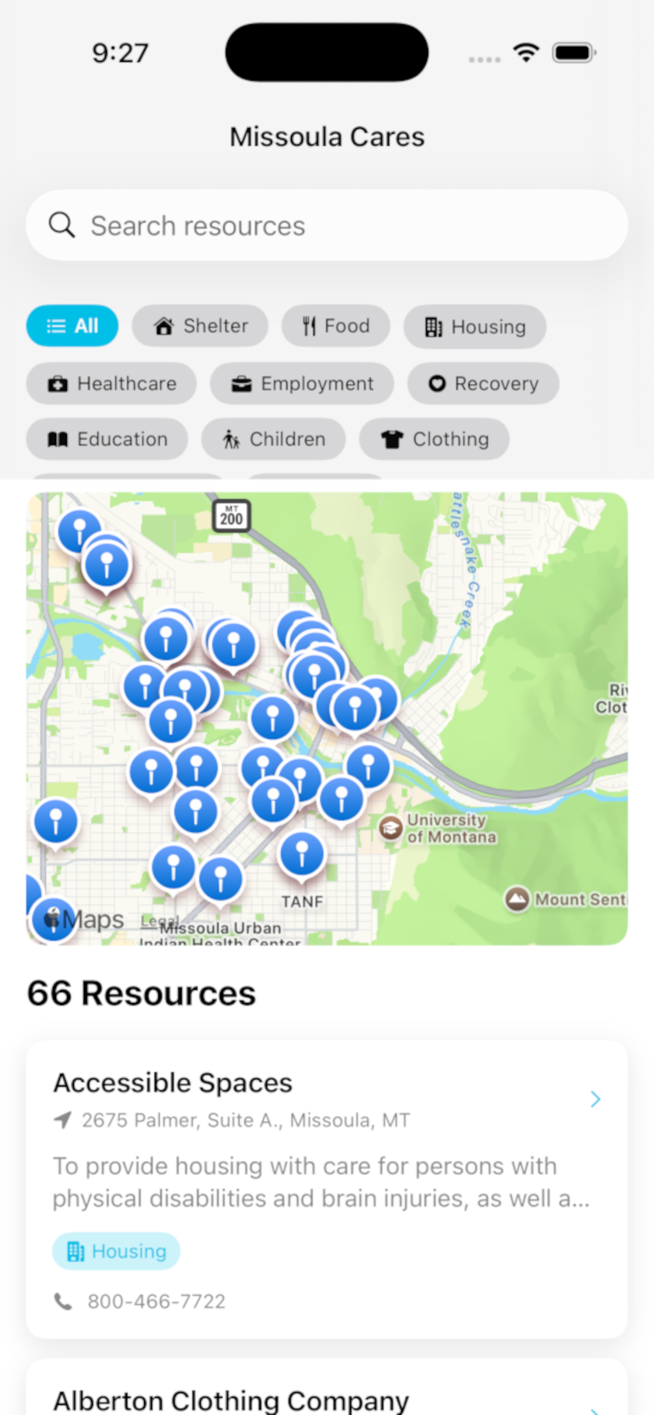 Missoula Cares main screen showing all resources