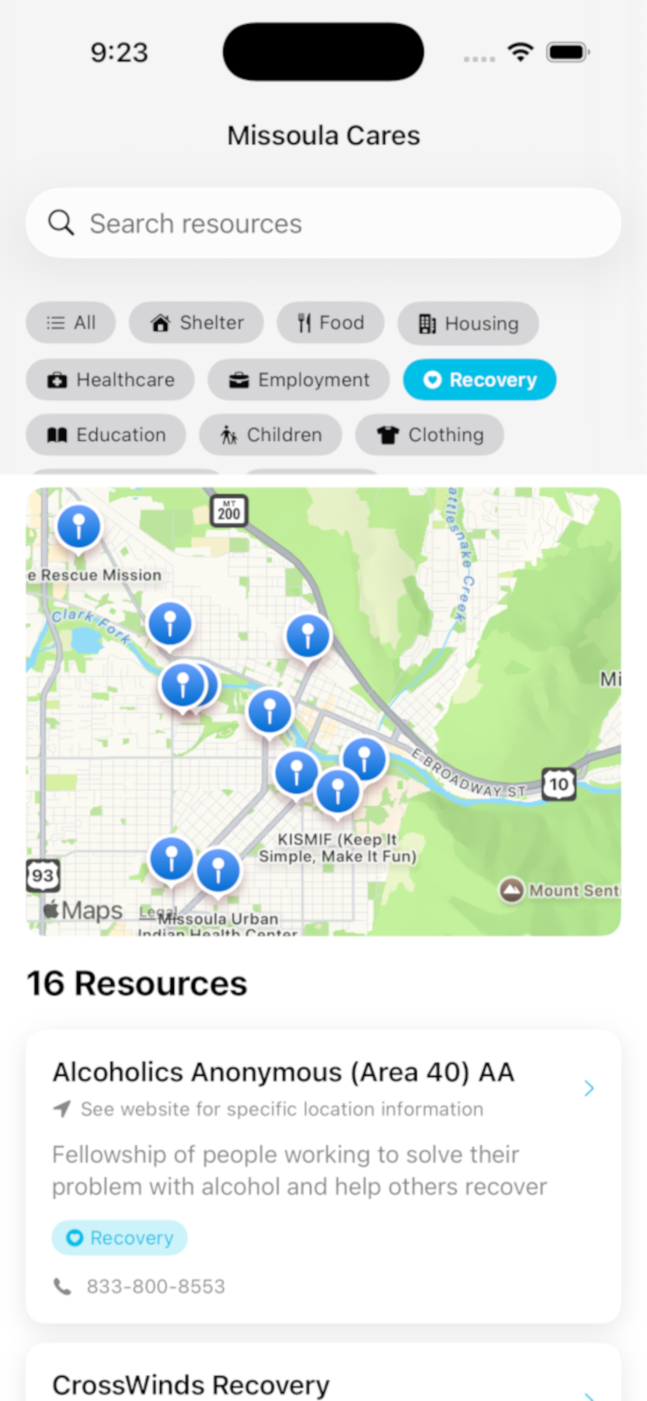 Recovery resources filtered view